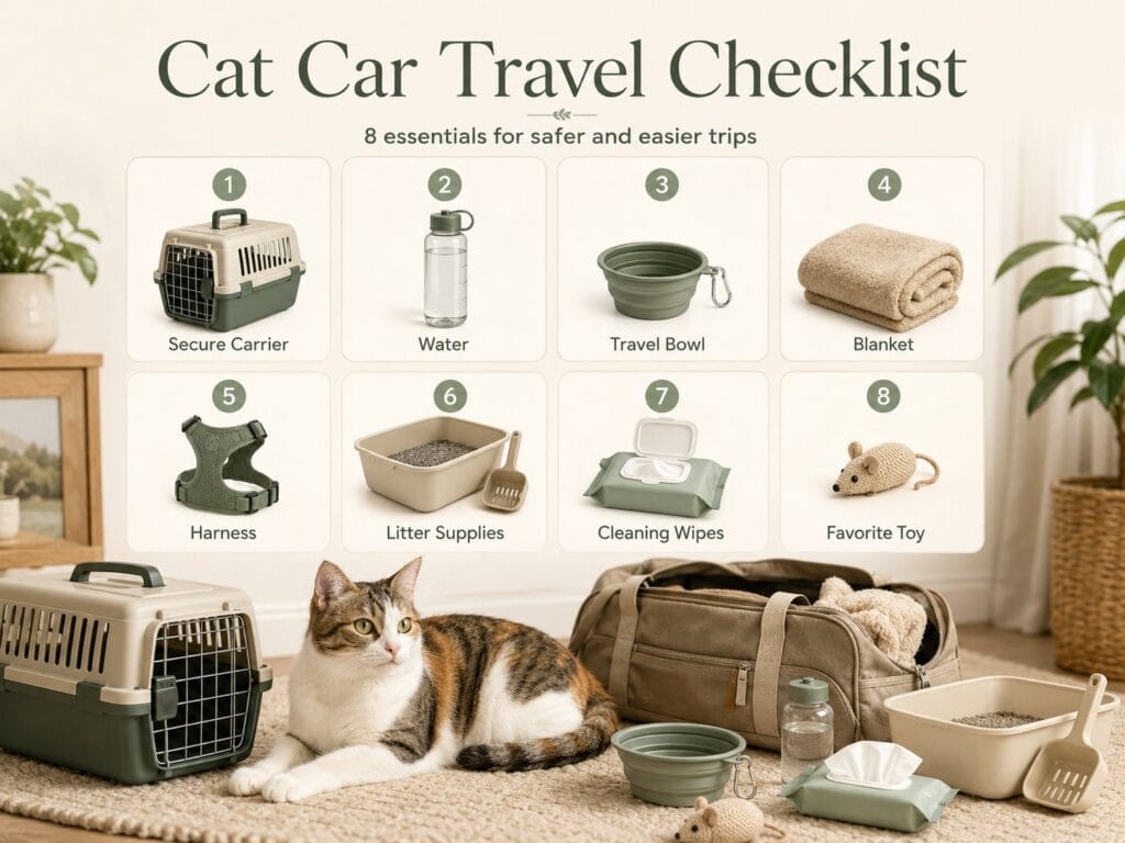 Cat car travel checklist showing essential supplies for safe trips