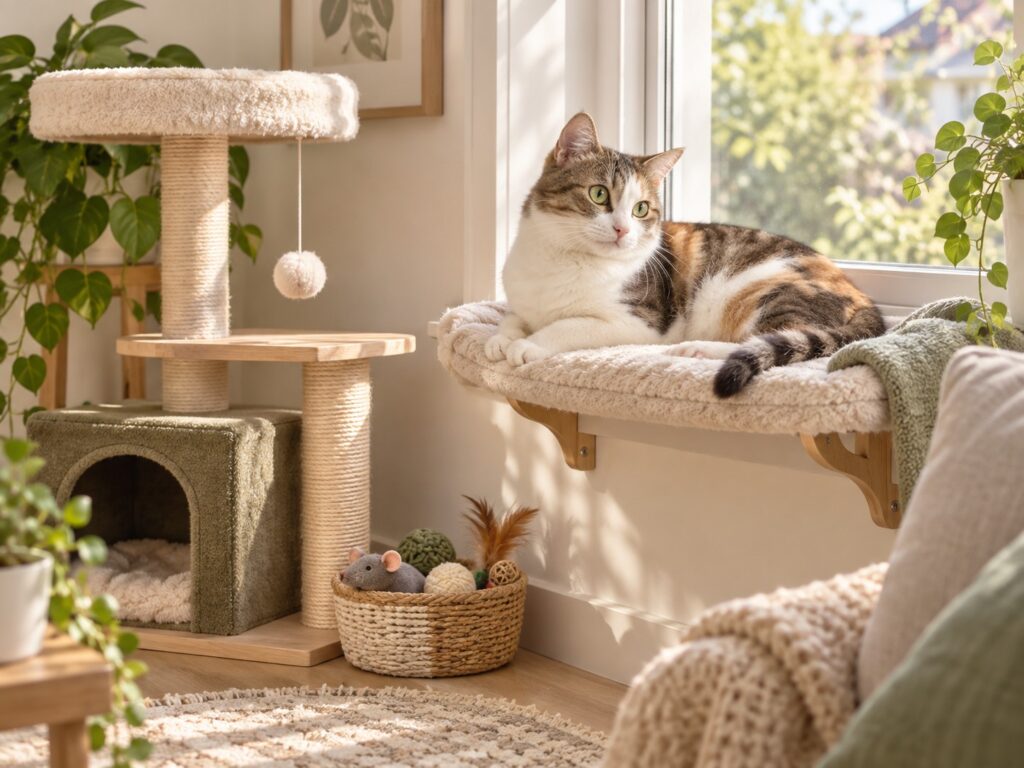 Compact cat tree, window perch, and toy basket in a cozy cat-friendly home