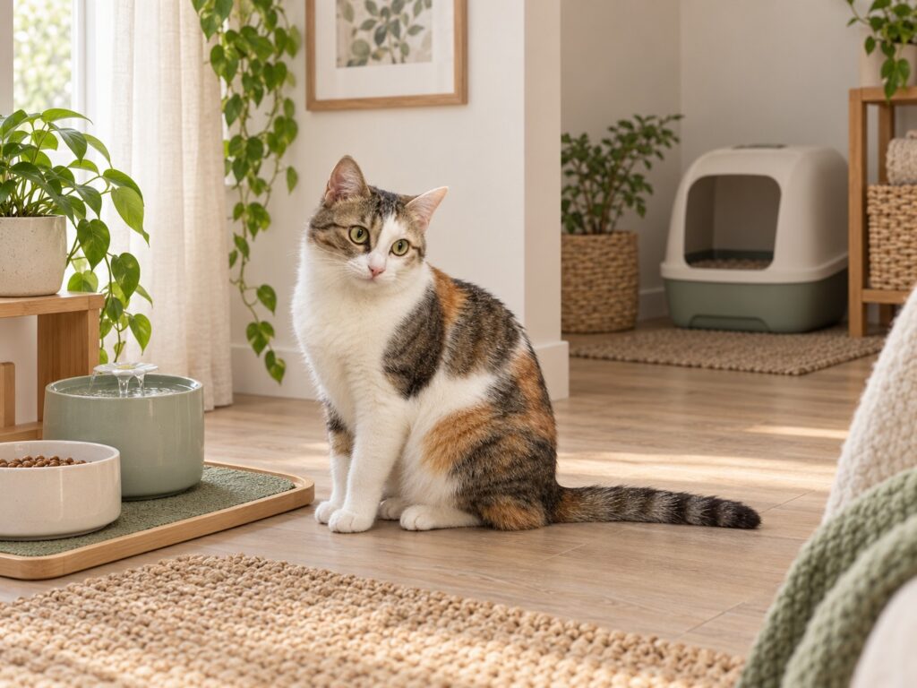 Clean cat feeding station and separate litter area in a cozy home