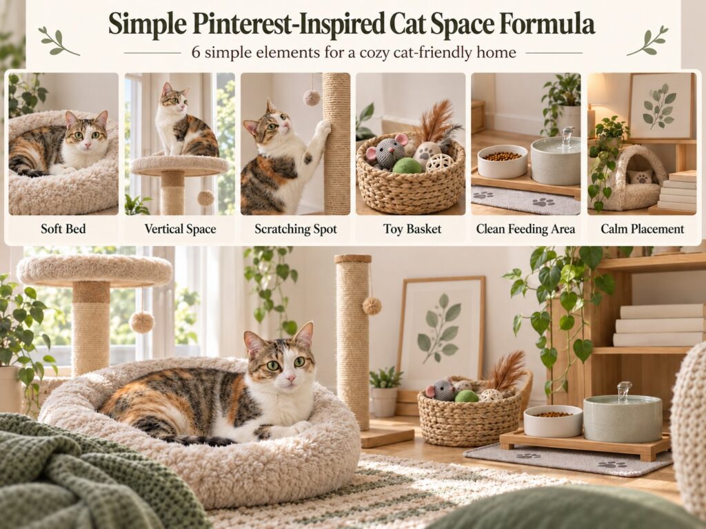 Infographic showing six elements of a Pinterest-inspired cat space