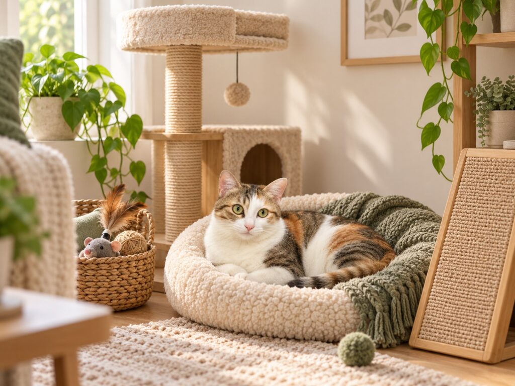 Cozy cat corner with a bed, compact cat tree, toy basket, rug, and a calm calico cat