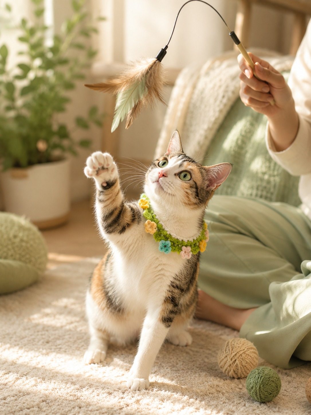 A cat playing with a feather wand in a cozy home as part of the HavenTails story