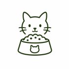 Cat food and treats icon with a cat eating from a bowl