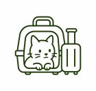 Cat travel gear icon with a cat carrier and suitcase