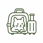 Cat travel gear icon with a cat carrier and suitcase